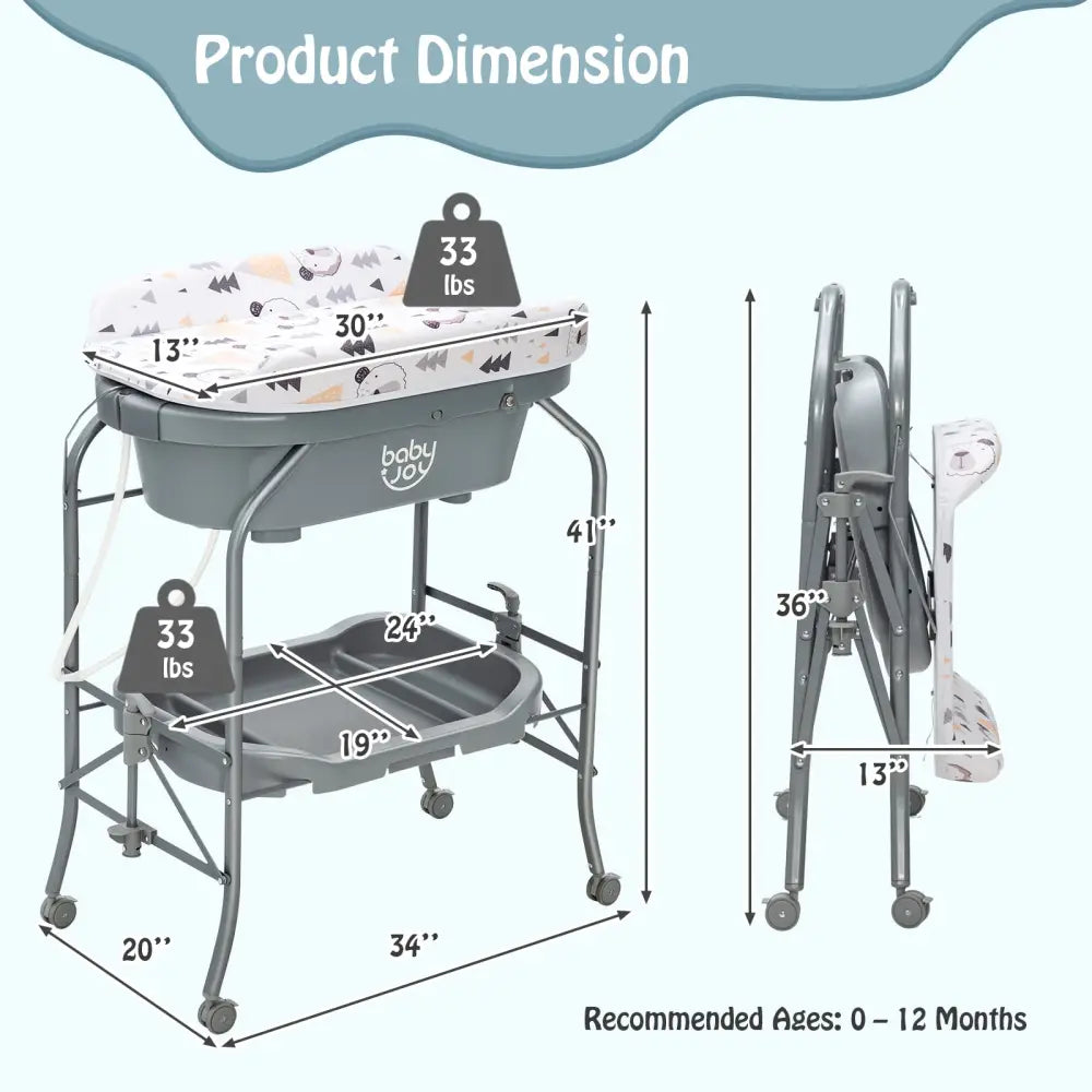 Portable Baby Changing Table with Storage Basket and Shelves-Gray - Gray - Changing Tables