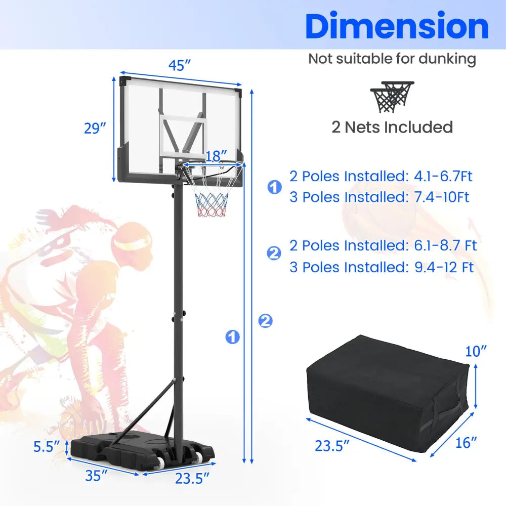 Portable Basketball Hoop Outdoor Basketball Goal System Adjustable for Kids Teens Adults - Sport Equipments