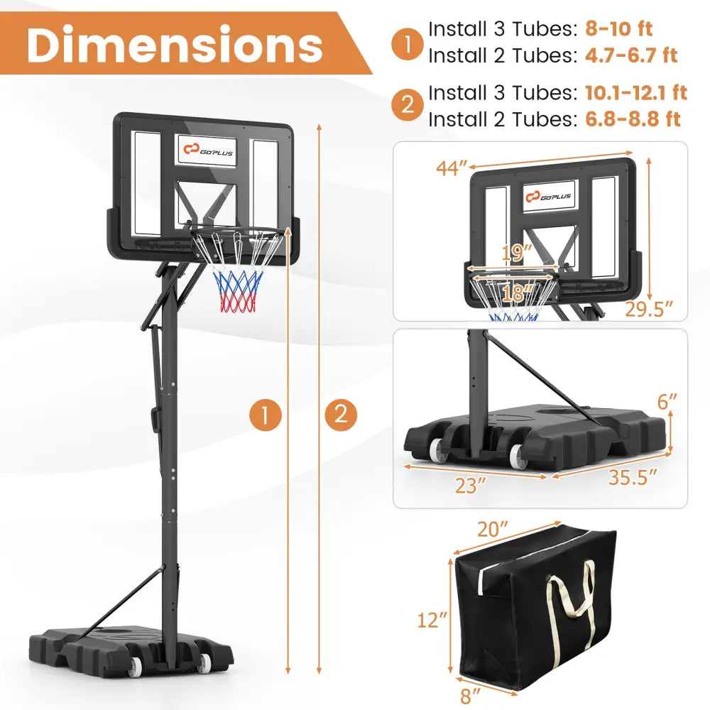 Portable Basketball Hoop with 4.6 to 10 Feet 10-Level Height Adjustable - Black - Sport Equipments
