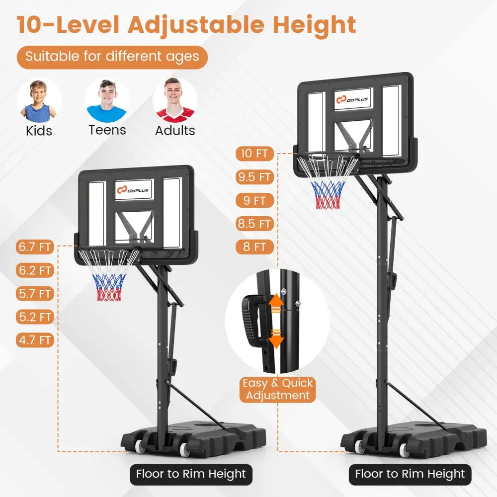 Portable Basketball Hoop with 4.6 to 10 Feet 10-Level Height Adjustable - Black - Sport Equipments