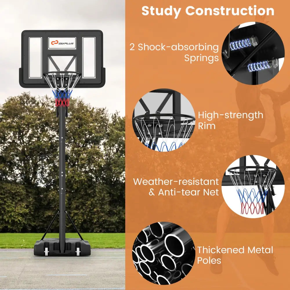 Portable Basketball Hoop with 4.6 to 10 Feet 10-Level Height Adjustable - Black - Sport Equipments