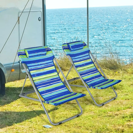 Portable Beach Chair Set of 2 with Headrest -Blue - Blue - Beach & Lawn Chairs