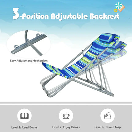 Portable Beach Chair Set of 2 with Headrest -Blue - Blue - Beach & Lawn Chairs