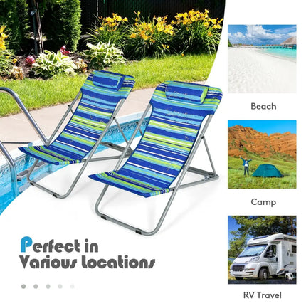 Portable Beach Chair Set of 2 with Headrest -Blue - Blue - Beach & Lawn Chairs