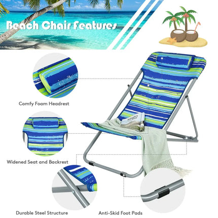 Portable Beach Chair Set of 2 with Headrest -Blue - Blue - Beach & Lawn Chairs