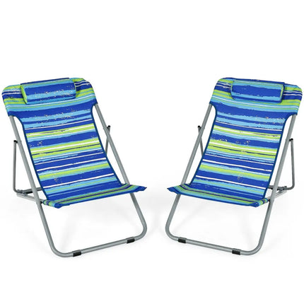 Portable Beach Chair Set of 2 with Headrest -Blue - Blue - Beach & Lawn Chairs