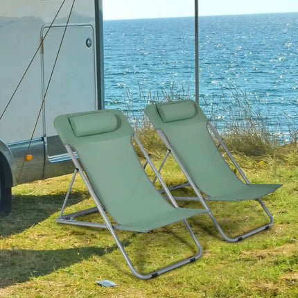 Portable Beach Chair Set of 2 with Headrest -Green - Green - Beach & Lawn Chairs