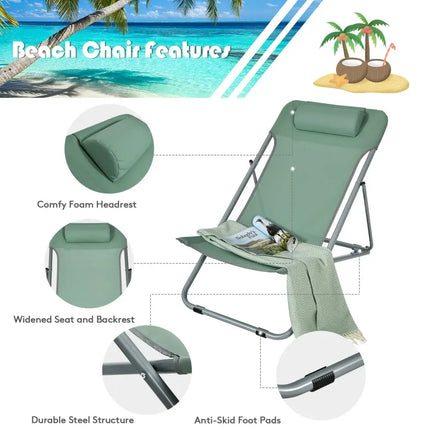 Portable Beach Chair Set of 2 with Headrest -Green - Green - Beach & Lawn Chairs