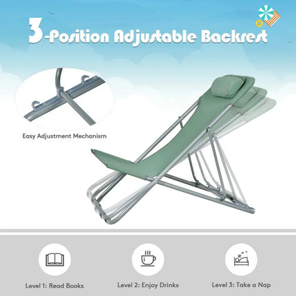 Portable Beach Chair Set of 2 with Headrest -Green - Green - Beach & Lawn Chairs