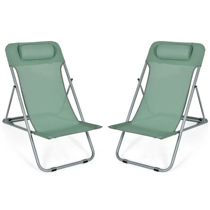 Portable Beach Chair Set of 2 with Headrest -Green - Green - Beach & Lawn Chairs