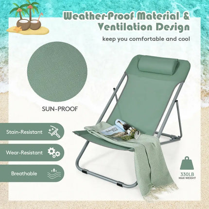 Portable Beach Chair Set of 2 with Headrest -Green - Green - Beach & Lawn Chairs