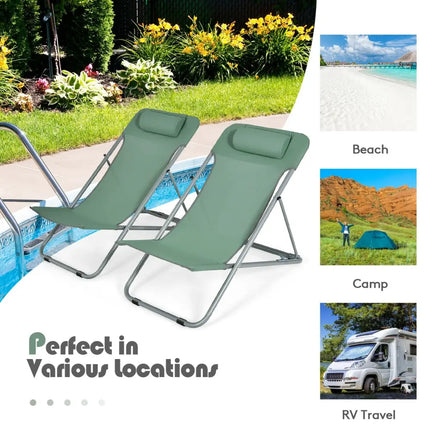 Portable Beach Chair Set of 2 with Headrest -Green - Green - Beach & Lawn Chairs