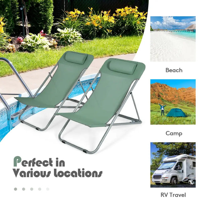 Portable Beach Chair Set of 2 with Headrest -Green - Green - Beach & Lawn Chairs
