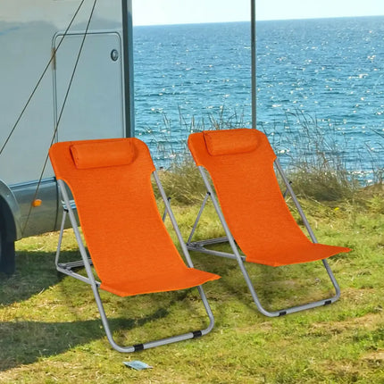 Portable Beach Chair Set of 2 with Headrest -Orange - Orange - Beach & Lawn Chairs