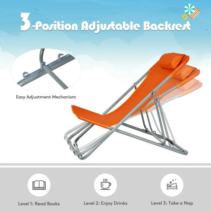 Portable Beach Chair Set of 2 with Headrest -Orange - Orange - Beach & Lawn Chairs