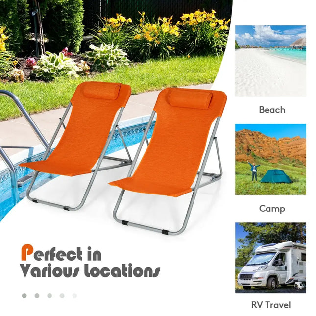 Portable Beach Chair Set of 2 with Headrest -Orange - Orange - Beach & Lawn Chairs