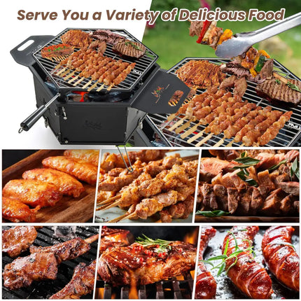 Portable Charcoal Grill Stove Rotatable with Foldable Body and Legs with Handles - Outdoor Grills