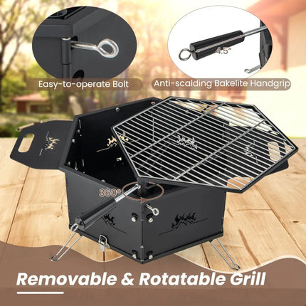 Portable Charcoal Grill Stove Rotatable with Foldable Body and Legs with Handles - Outdoor Grills