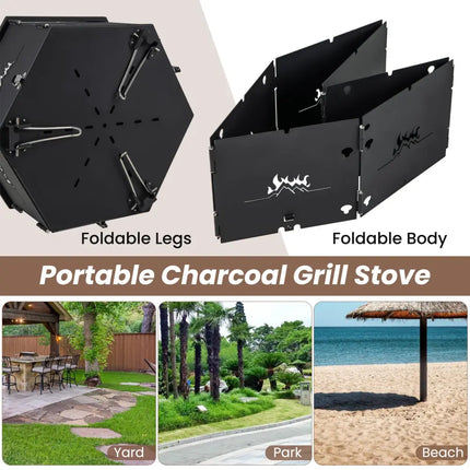 Portable Charcoal Grill Stove Rotatable with Foldable Body and Legs with Handles - Outdoor Grills