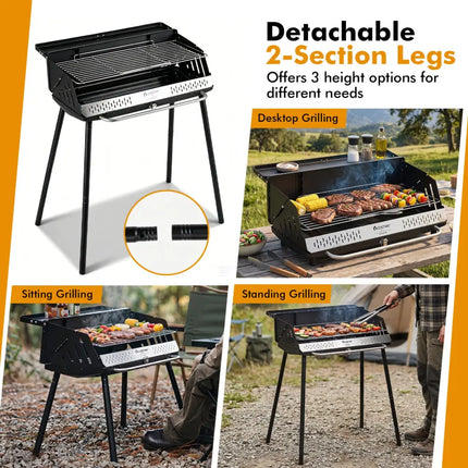 Portable Charcoal Grill with Detachable Legs Adjustable Grate and Carrying Bag - Outdoor Grills