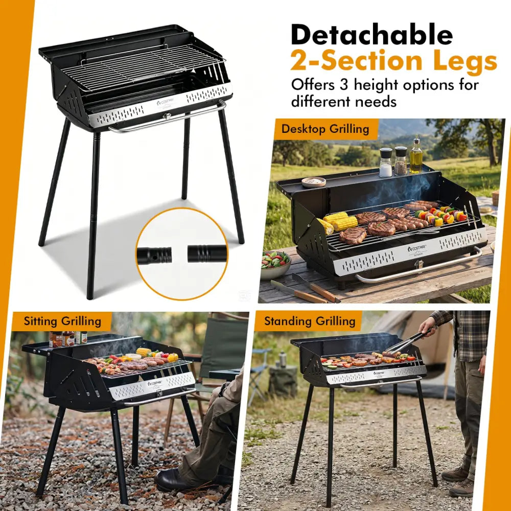 Portable Charcoal Grill with Detachable Legs Adjustable Grate and Carrying Bag - Outdoor Grills