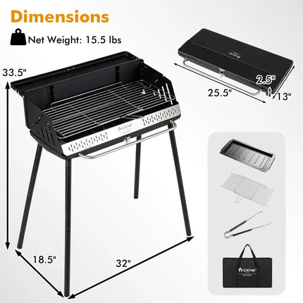 Portable Charcoal Grill with Detachable Legs Adjustable Grate and Carrying Bag - Outdoor Grills