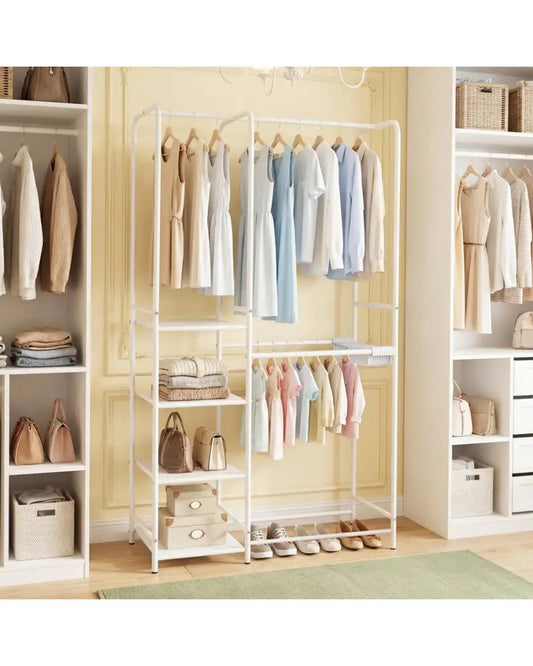 Portable Closet with Pants Hangers and 2 Hanging Rods and 4 Storage Shelves-White - White - Clothing & Closet Storage