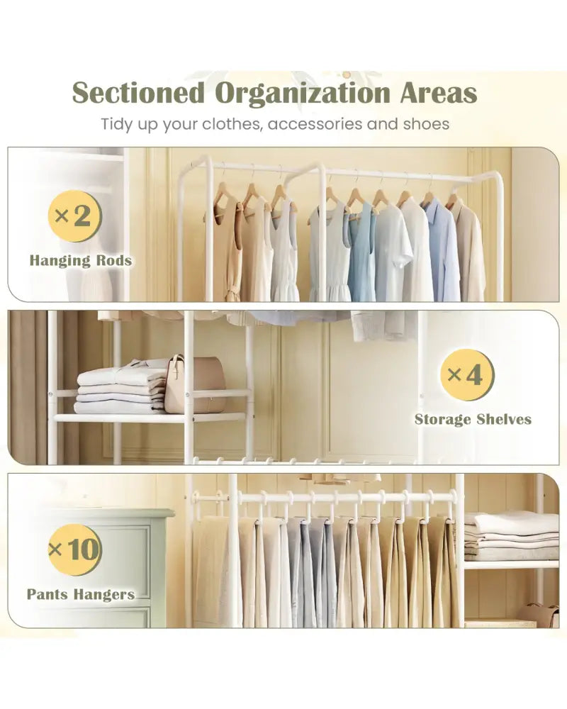 Portable Closet with Pants Hangers and 2 Hanging Rods and 4 Storage Shelves-White - White - Clothing & Closet Storage