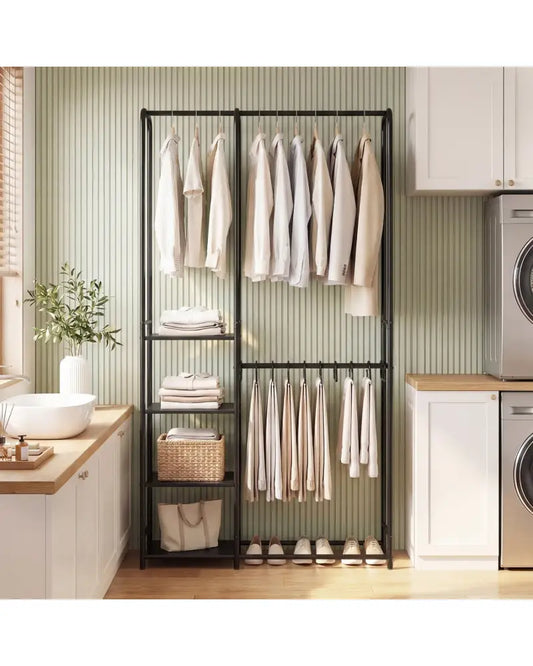 Portable Closet with Pants Hangers and 2 Hanging Rods and 4 Storage Shelves-Black - Black - Clothing & Closet Storage