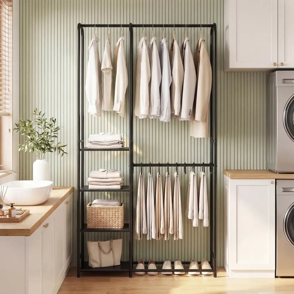 Portable Closet with Pants Hangers and 2 Hanging Rods and 4 Storage Shelves-Black - Black - Clothing & Closet Storage