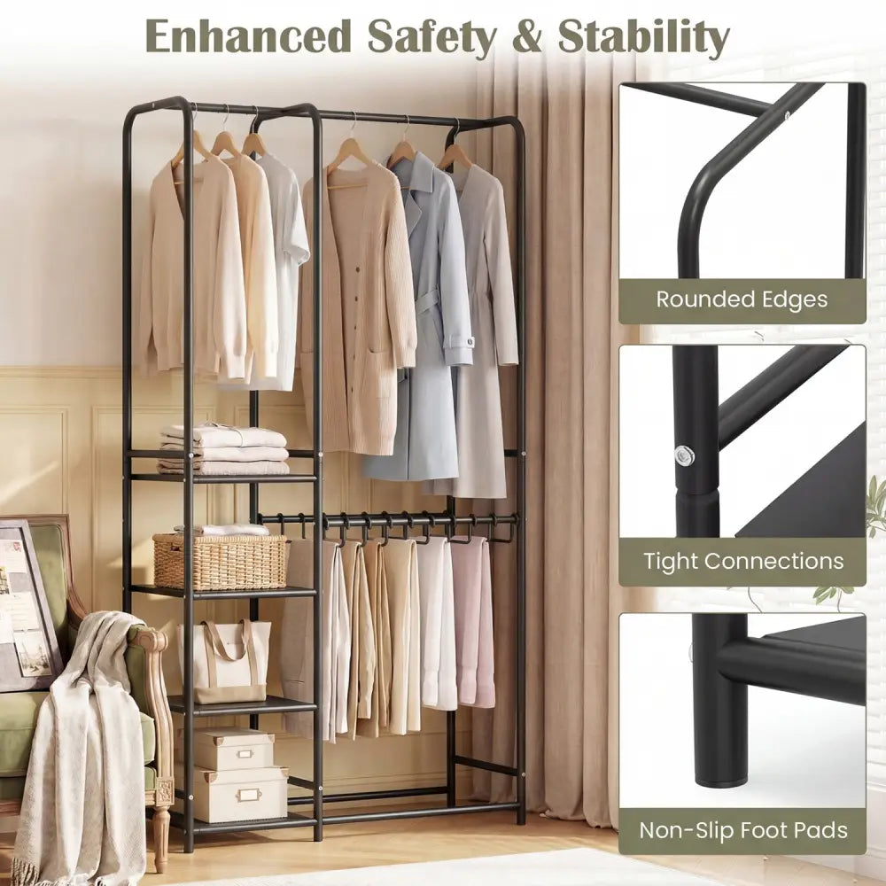 Portable Closet with Pants Hangers and 2 Hanging Rods and 4 Storage Shelves-Black - Black - Clothing & Closet Storage