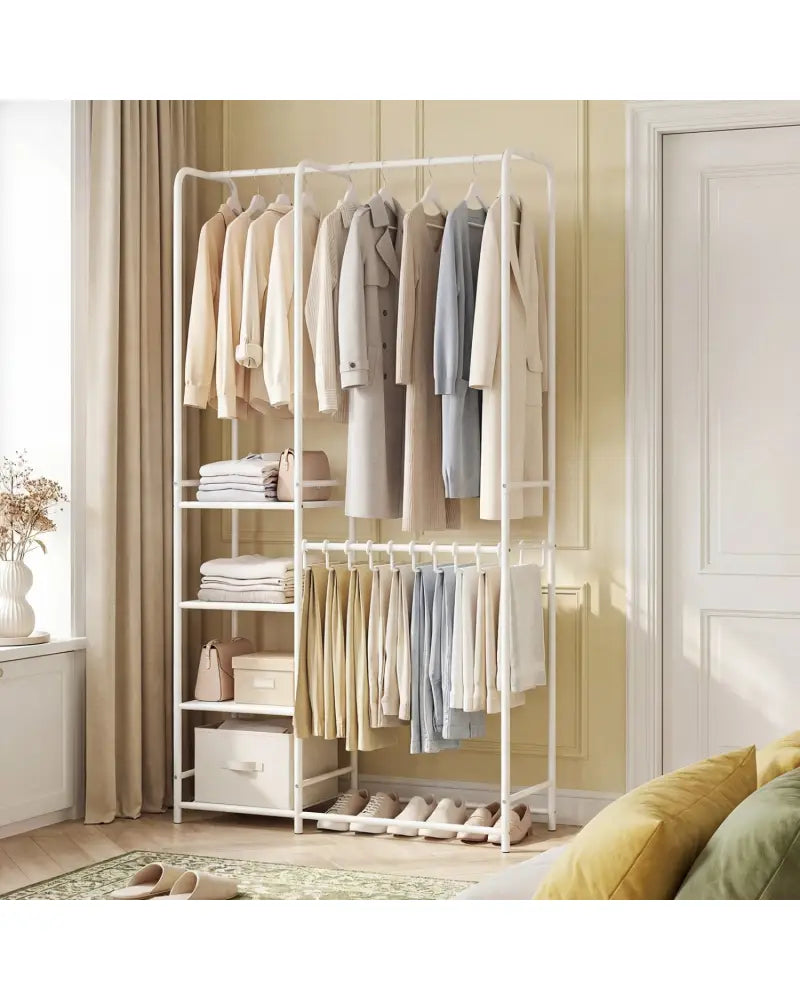 Portable Closet with Pants Hangers and 2 Hanging Rods and 4 Storage Shelves-White - White - Clothing & Closet Storage