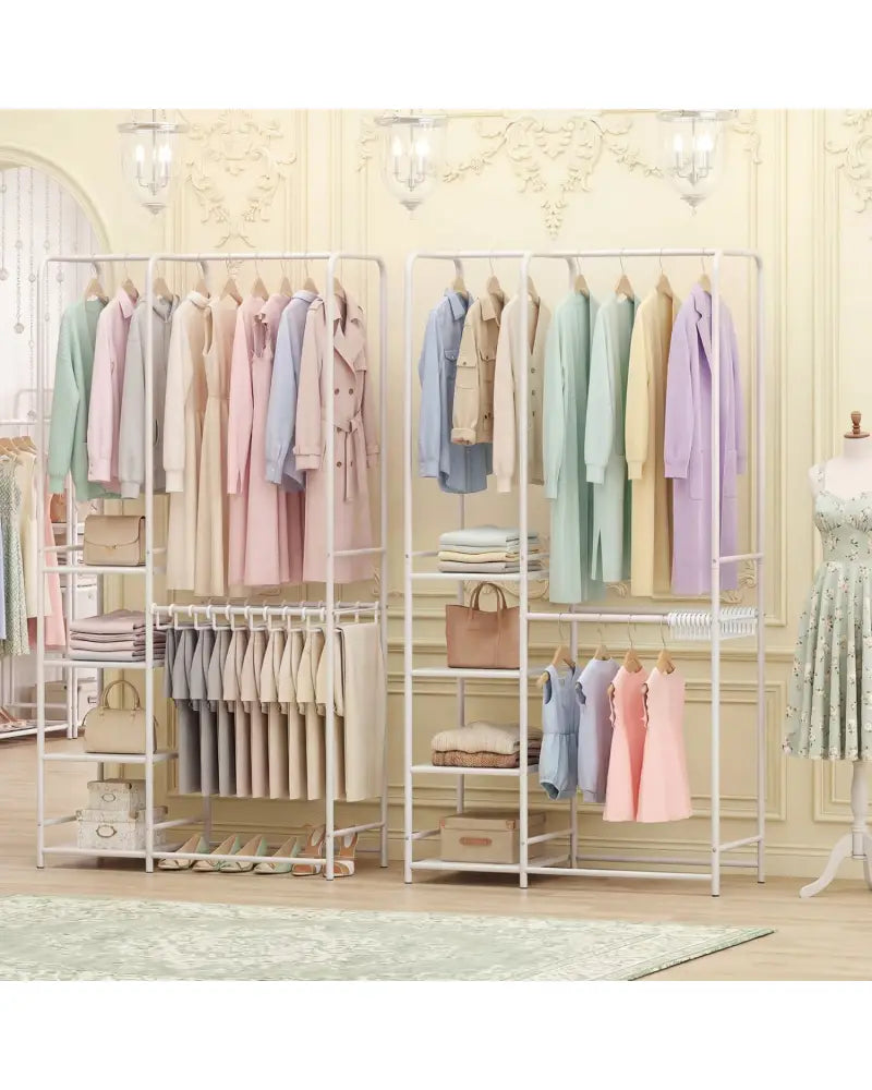 Portable Closet with Pants Hangers and 2 Hanging Rods and 4 Storage Shelves-White - White - Clothing & Closet Storage