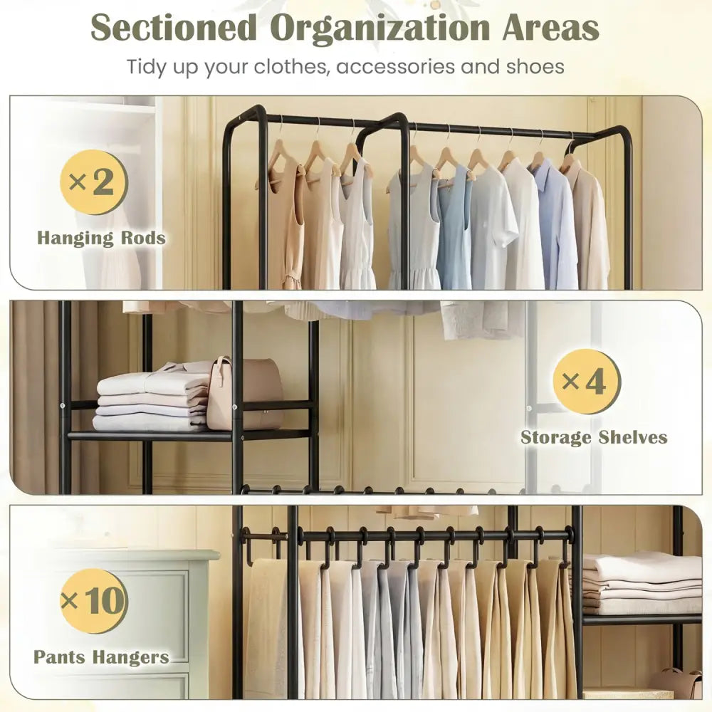 Portable Closet with Pants Hangers and 2 Hanging Rods and 4 Storage Shelves-Black - Black - Clothing & Closet Storage