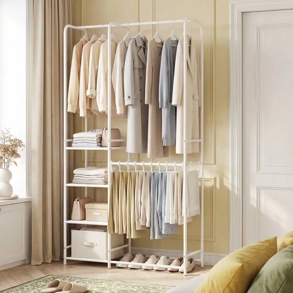 Portable Closet with Pants Hangers and 2 Hanging Rods and 4 Storage Shelves-White - White - Clothing & Closet Storage
