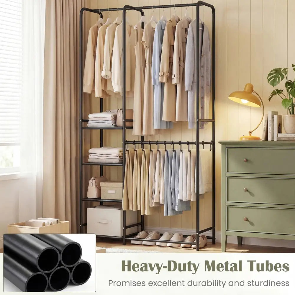 Portable Closet with Pants Hangers and 2 Hanging Rods and 4 Storage Shelves-Black - Black - Clothing & Closet Storage