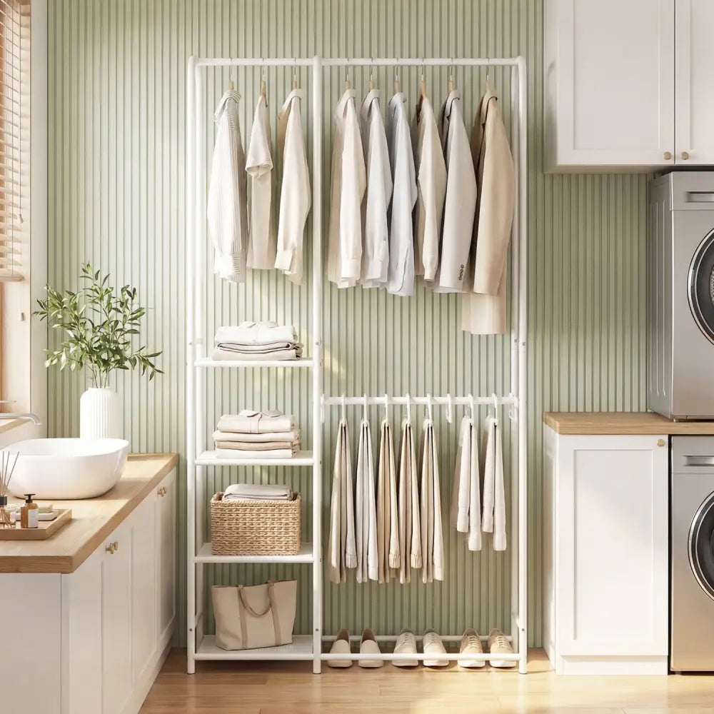 Portable Closet with Pants Hangers and 2 Hanging Rods and 4 Storage Shelves-White - White - Clothing & Closet Storage