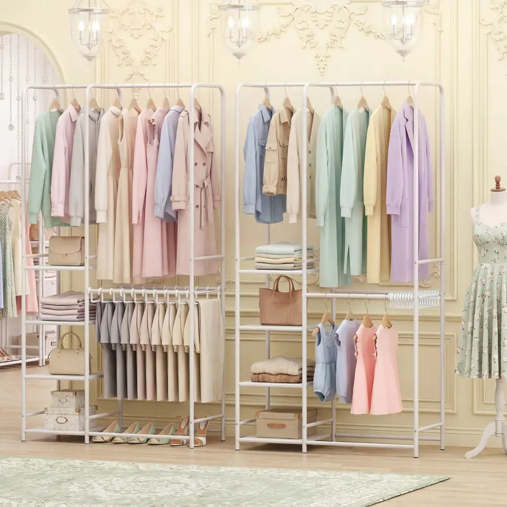 Portable Closet with Pants Hangers and 2 Hanging Rods and 4 Storage Shelves-White - White - Clothing & Closet Storage
