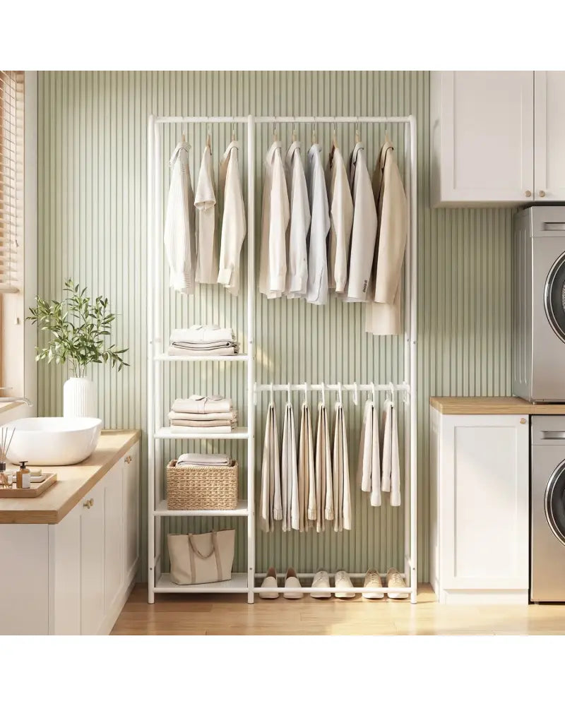 Portable Closet with Pants Hangers and 2 Hanging Rods and 4 Storage Shelves-White - White - Clothing & Closet Storage