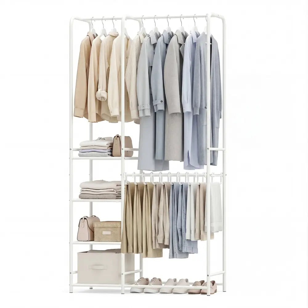 Portable Closet with Pants Hangers and 2 Hanging Rods and 4 Storage Shelves-White - White - Clothing & Closet Storage