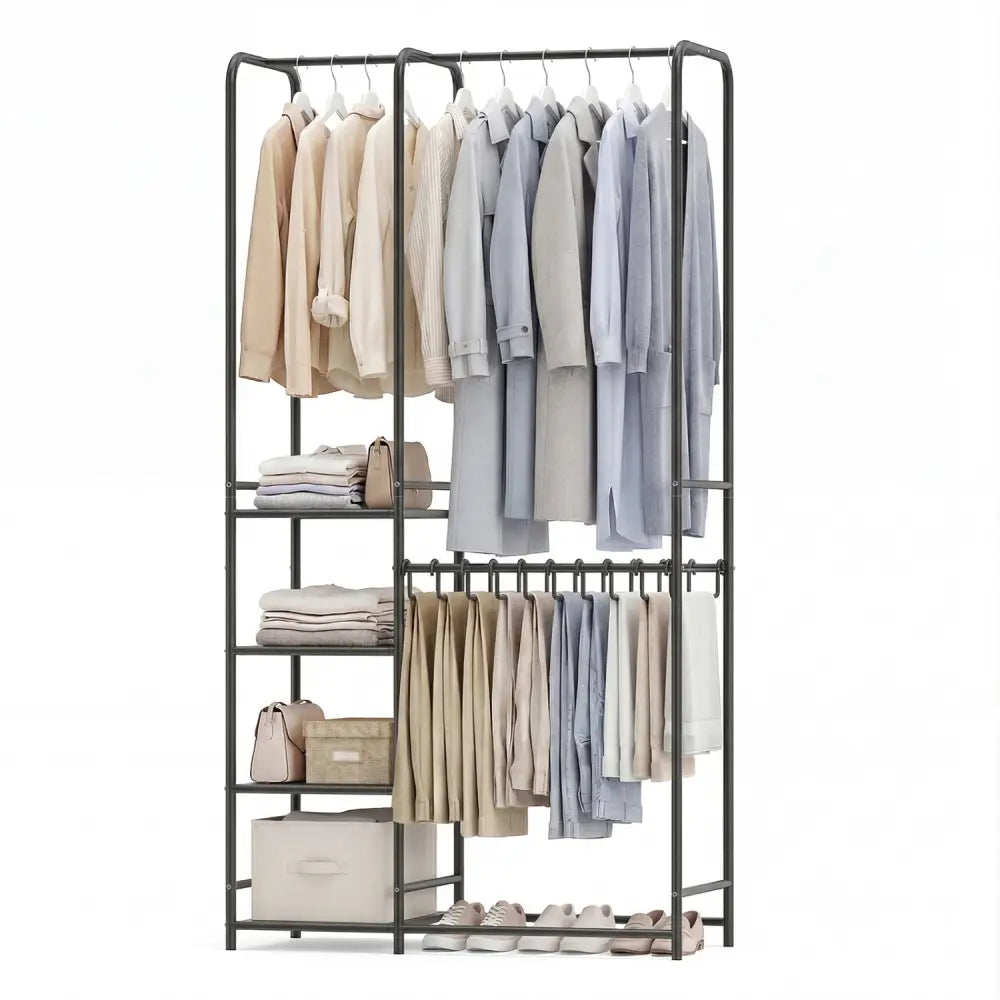 Portable Closet with Pants Hangers and 2 Hanging Rods and 4 Storage Shelves-Black - Black - Clothing & Closet Storage