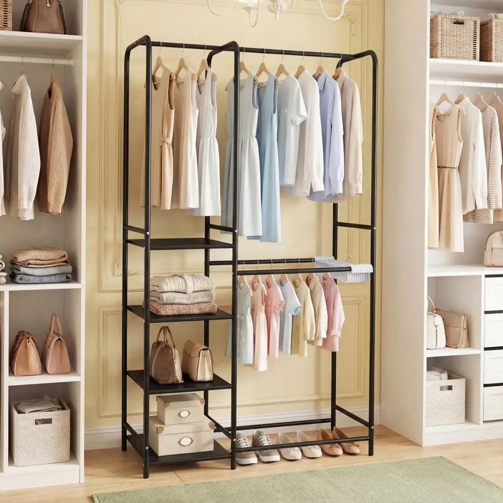 Portable Closet with Pants Hangers and 2 Hanging Rods and 4 Storage Shelves-Black - Black - Clothing & Closet Storage