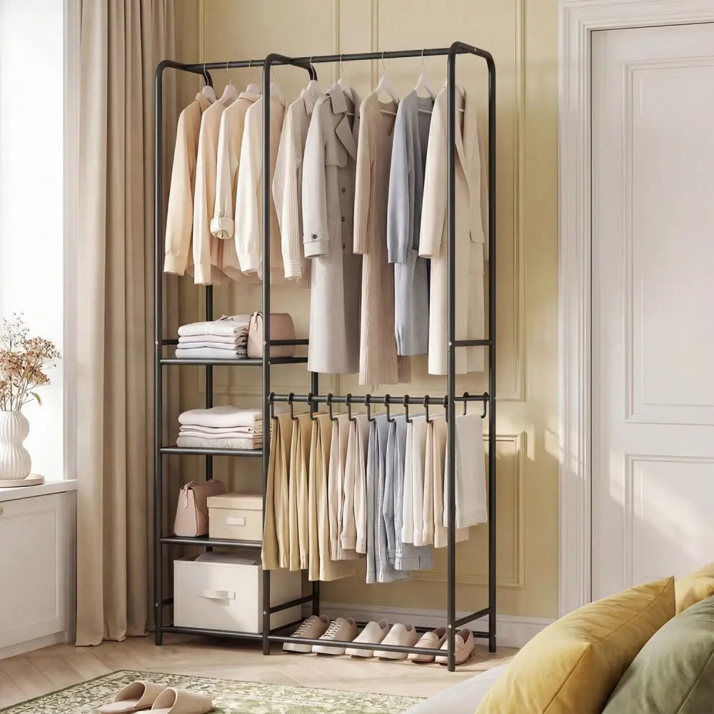 Portable Closet with Pants Hangers and 2 Hanging Rods and 4 Storage Shelves-Black - Black - Clothing & Closet Storage
