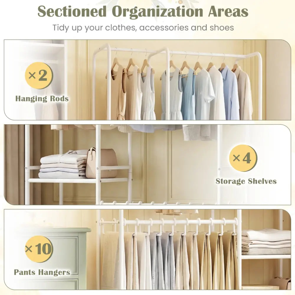 Portable Closet with Pants Hangers and 2 Hanging Rods and 4 Storage Shelves-White - White - Clothing & Closet Storage