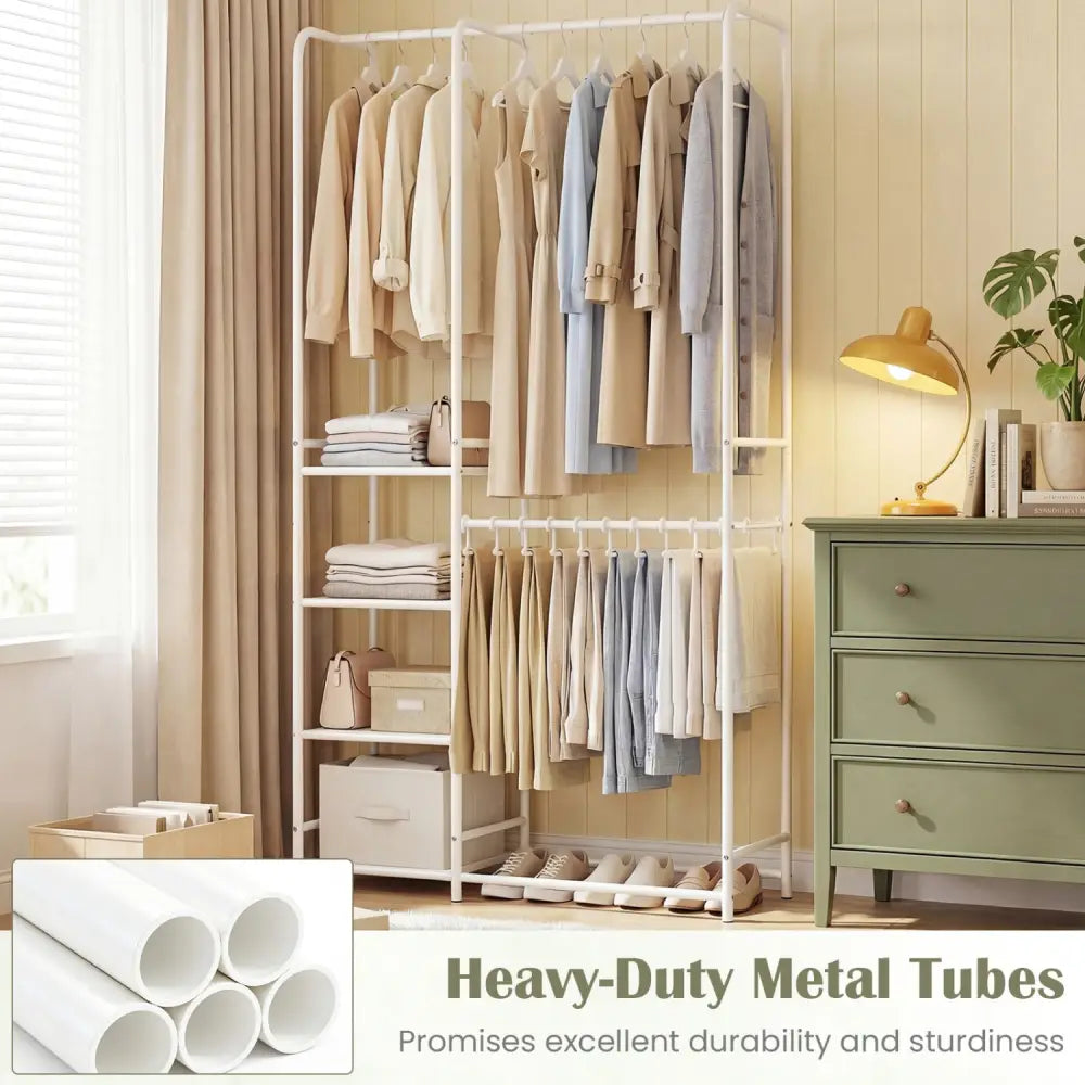 Portable Closet with Pants Hangers and 2 Hanging Rods and 4 Storage Shelves-White - White - Clothing & Closet Storage