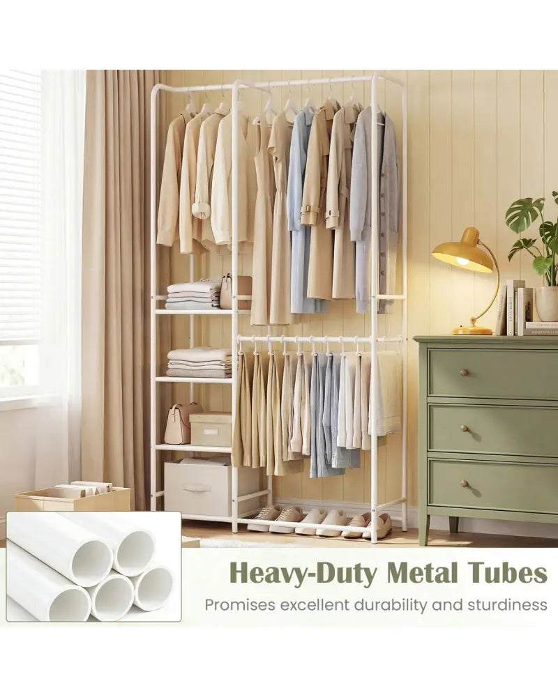 Portable Closet with Pants Hangers and 2 Hanging Rods and 4 Storage Shelves-White - White - Clothing & Closet Storage