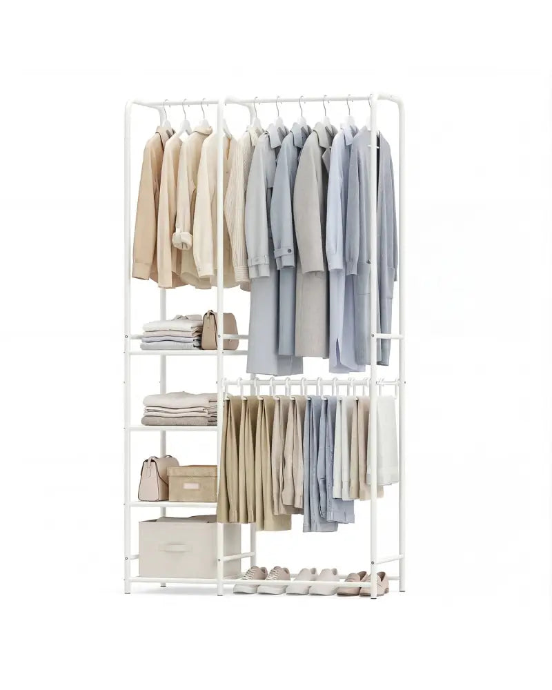 Portable Closet with Pants Hangers and 2 Hanging Rods and 4 Storage Shelves-White - White - Clothing & Closet Storage