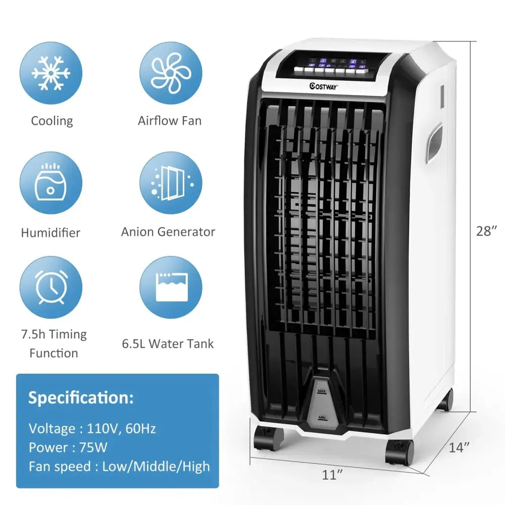 Portable Evaporative Air Cooler with 3 Wind Modes and Timer for Home Office Costway