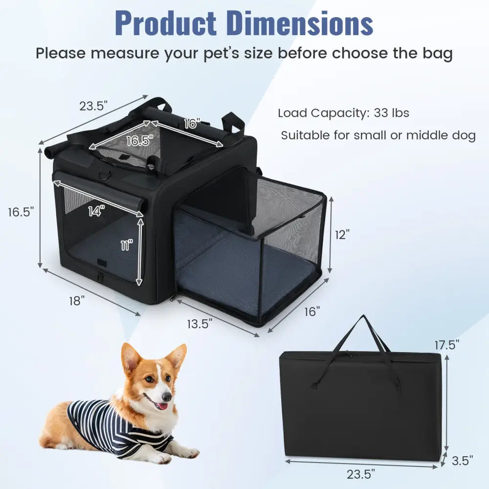 Portable Foldable Pet Carrying Bag with 2 Openings and Comfy Cushion-S - Black - Dog Supplies