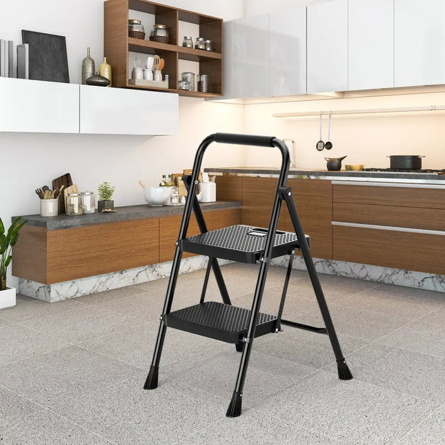 Portable Folding 2 Step Ladder with Wide Anti-Slip Pedal-Black - Black - Ladders